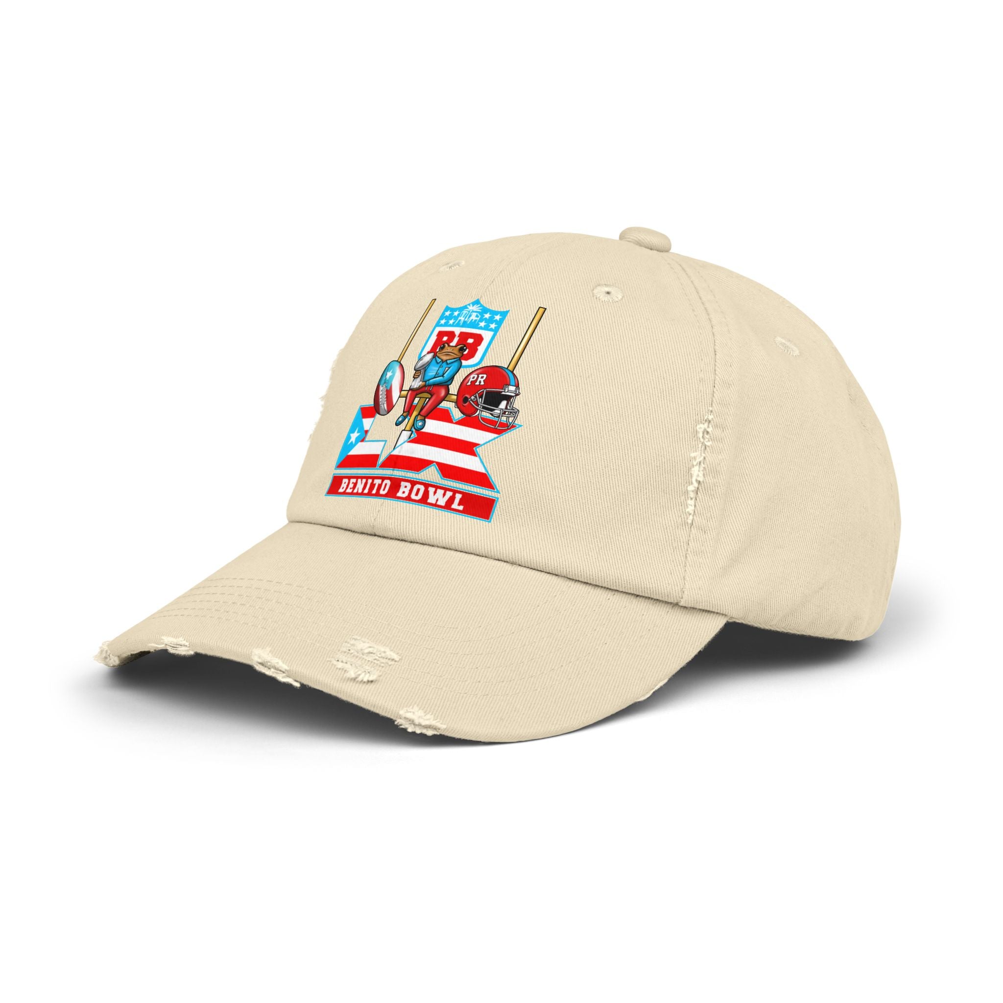 Benito Bowl Distressed Baseball Cap – Retro Football Helmet & Goalposts Design