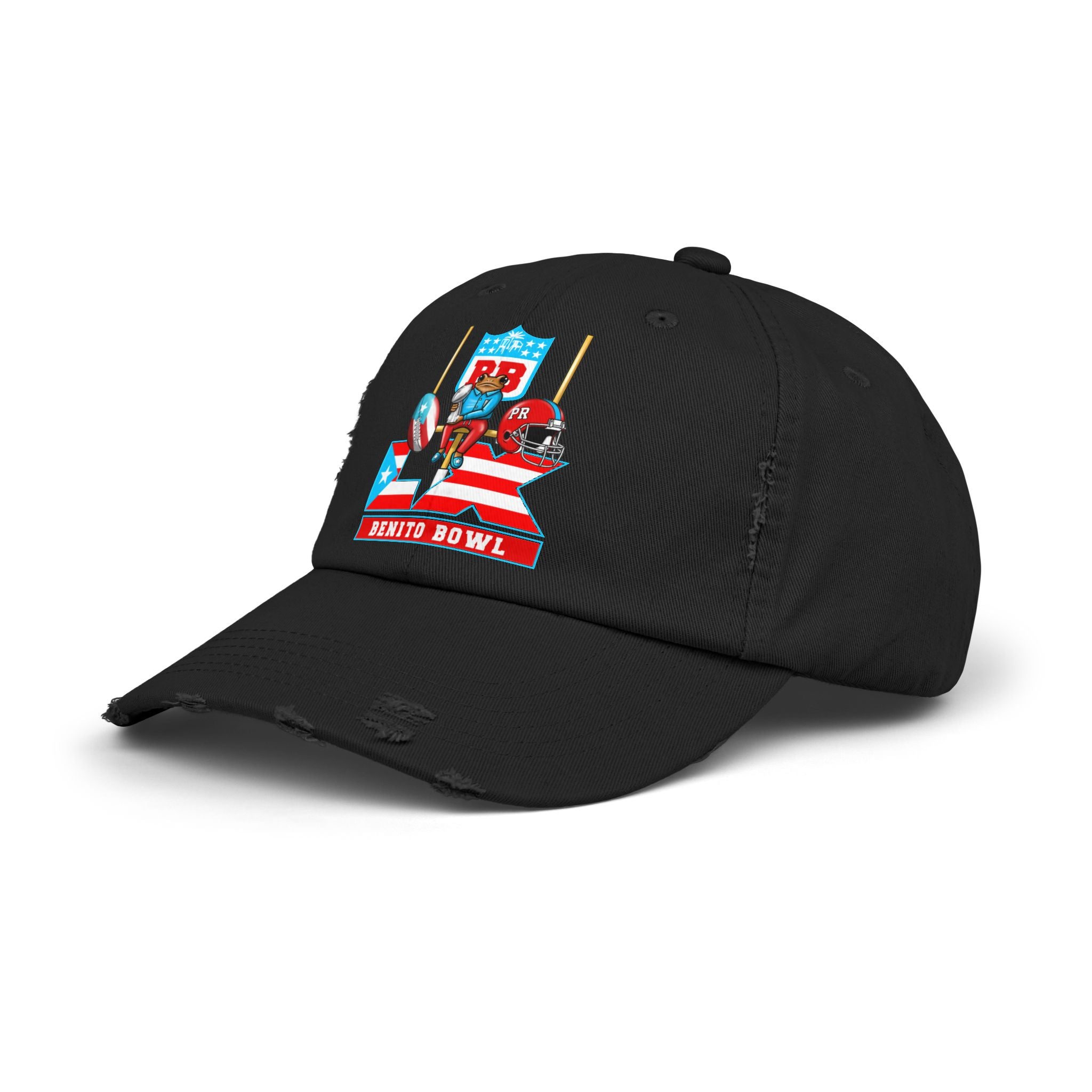 Benito Bowl Distressed Baseball Cap – Retro Football Helmet & Goalposts Design
