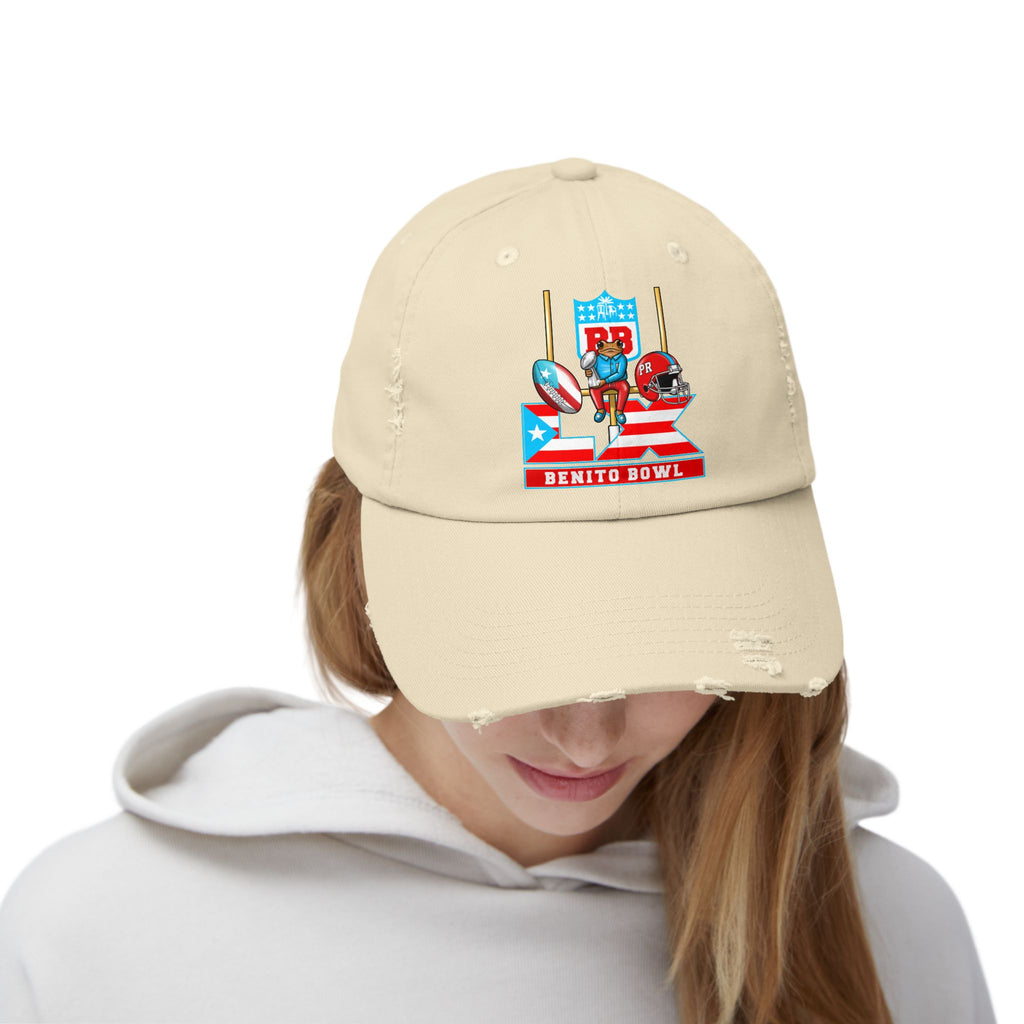 Benito Bowl Distressed Baseball Cap – Retro Football Helmet & Goalposts Design