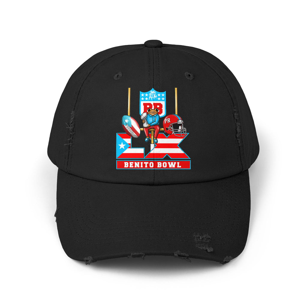 Benito Bowl Distressed Baseball Cap – Retro Football Helmet & Goalposts Design