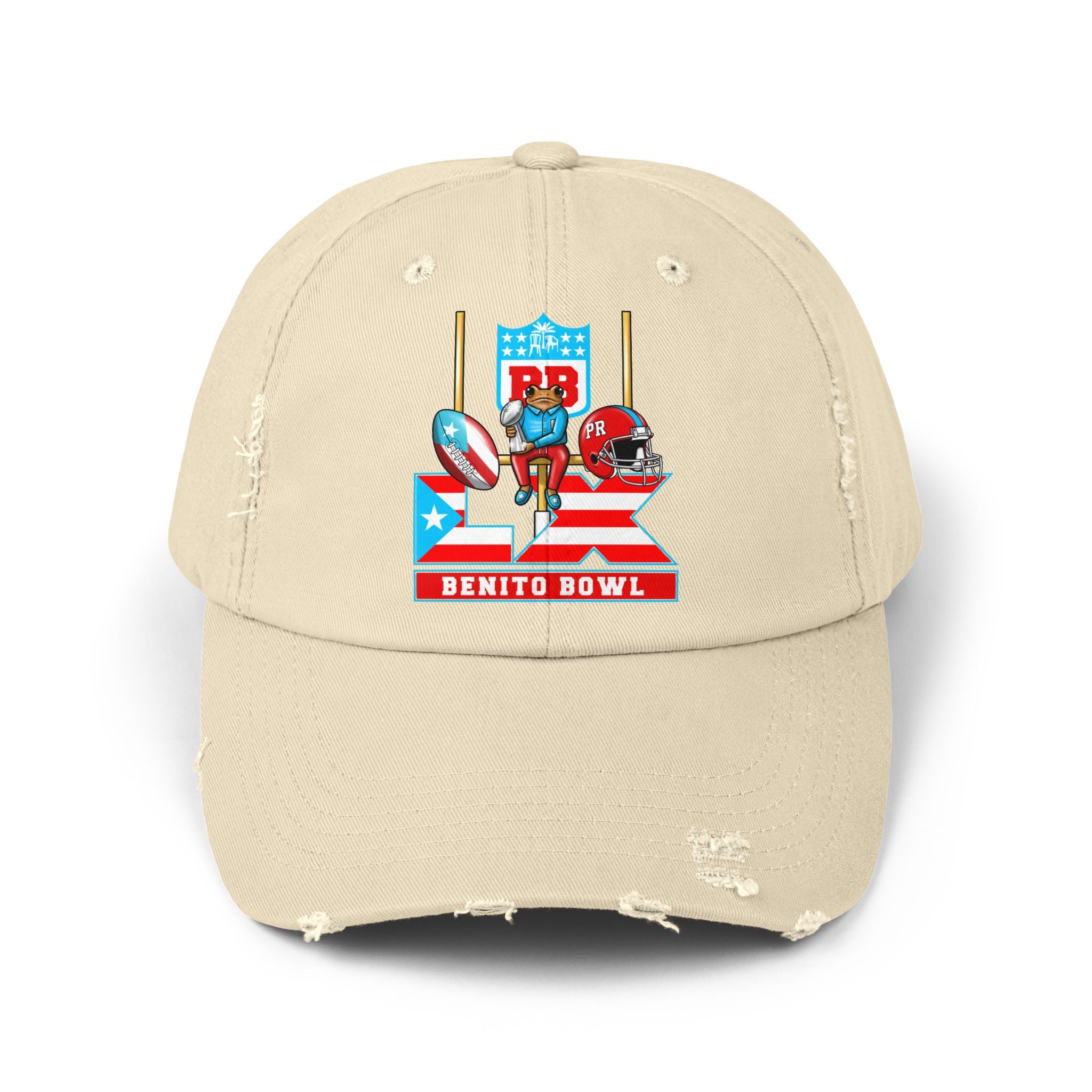 Benito Bowl Distressed Baseball Cap – Retro Football Helmet & Goalposts Design