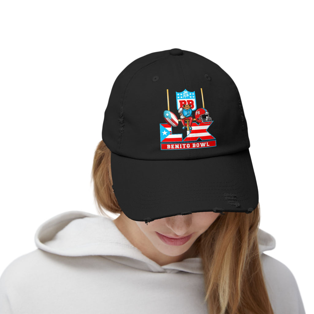 Benito Bowl Distressed Baseball Cap – Retro Football Helmet & Goalposts Design