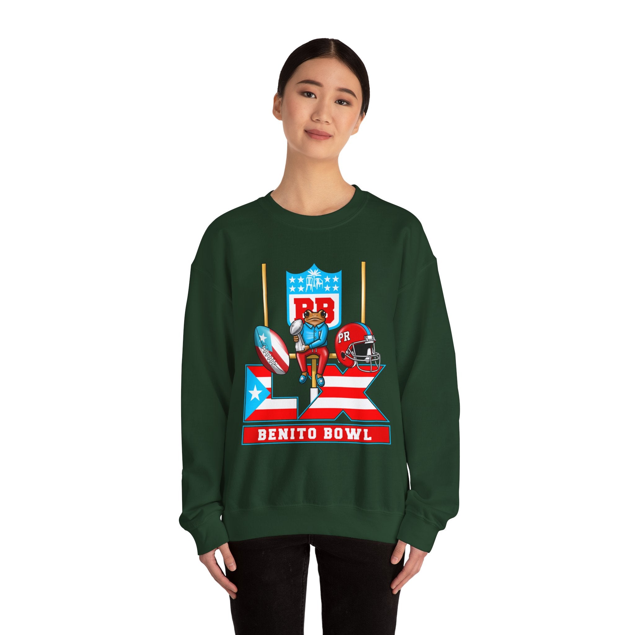 Benito Bowl Football Crewneck Sweatshirt — Retro Puerto Rico Flag Game Day Pullover